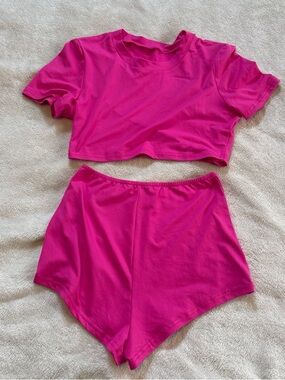 Women’s Pink Two-Piece Lounge Set - Crop Tee & High-Waist Shorts